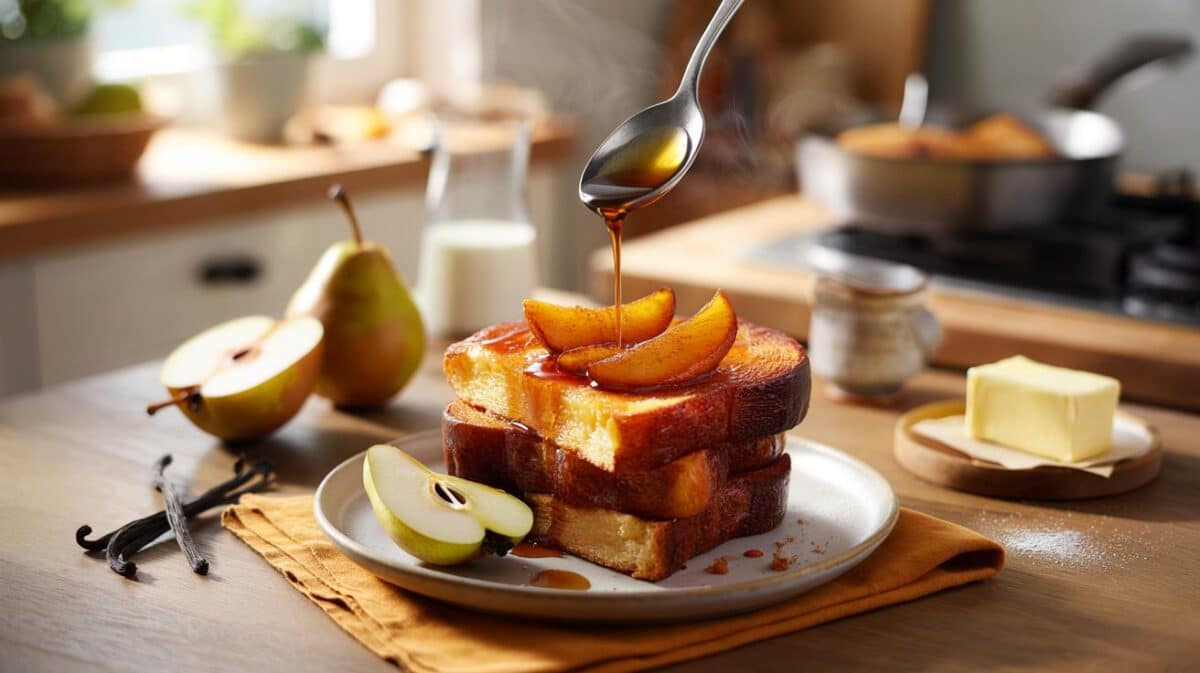Autumn’s 12-minute golden breakfast: can you resist brioche pain perdu with 2 pears and 40 g sugar?