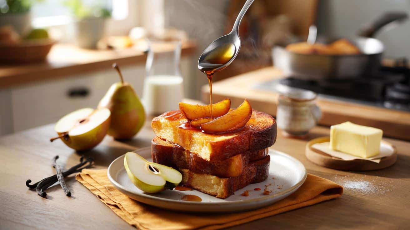 Autumn’s 12-minute golden breakfast: can you resist brioche pain perdu with 2 pears and 40 g sugar?