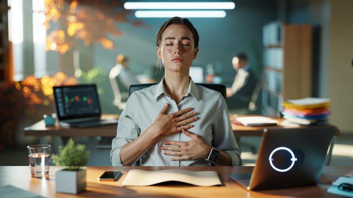 Stressed at work? 3-minute desk fix you can try today: six calm breaths, 5 in 5 out, measured relief