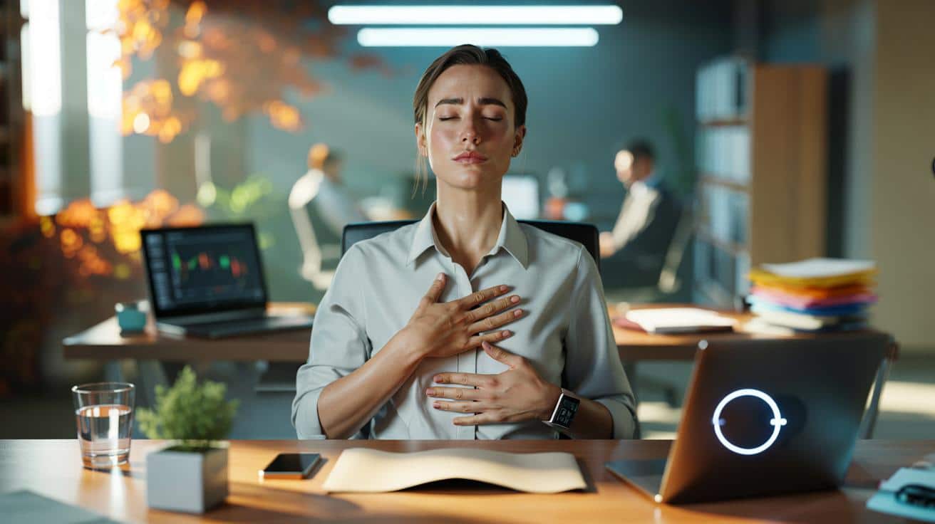 Stressed at work? 3-minute desk fix you can try today: six calm breaths, 5 in 5 out, measured relief
