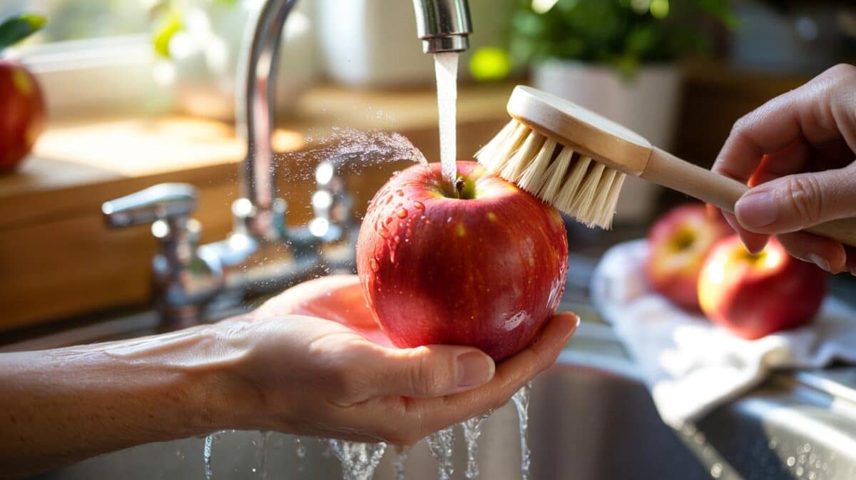 You eat apples: 73% of you still rinse wrong. warm water + brush cuts pesticide residues by 88%?